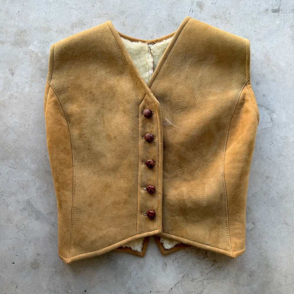 Vintage Handmade Tan Suede Shearling Vest Boxy Fit Leather Wrapped Buttons